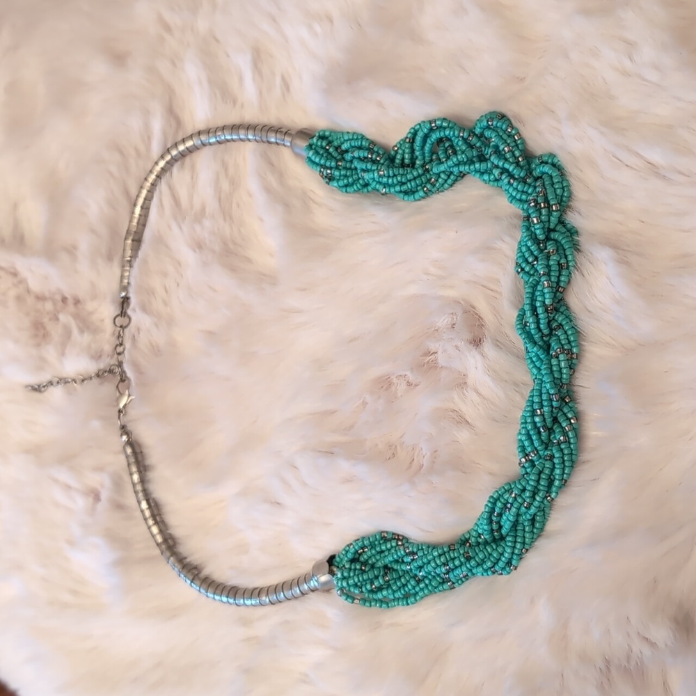 Silver and Aqua Toned Multi Strand Beaded Necklace